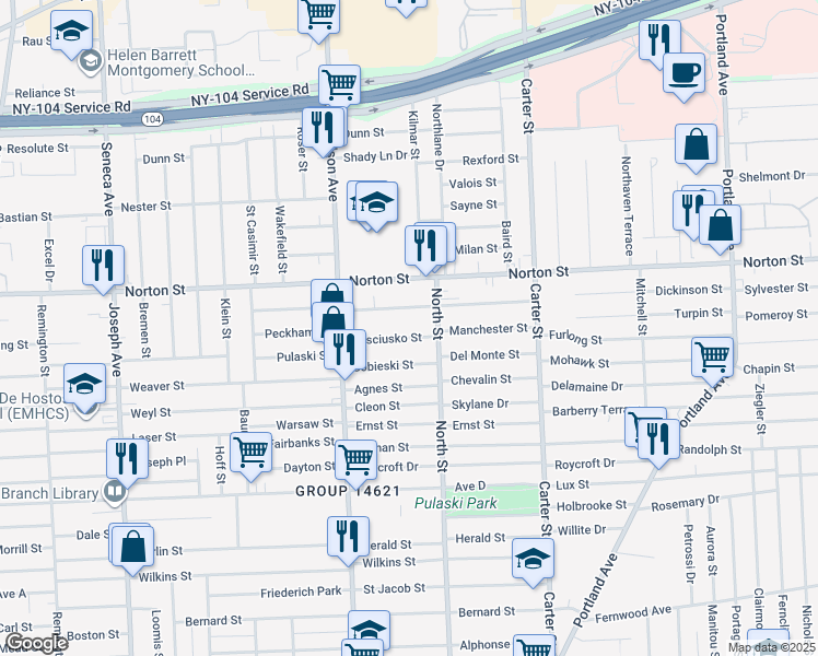 map of restaurants, bars, coffee shops, grocery stores, and more near 101 Kosciusko Street in Rochester