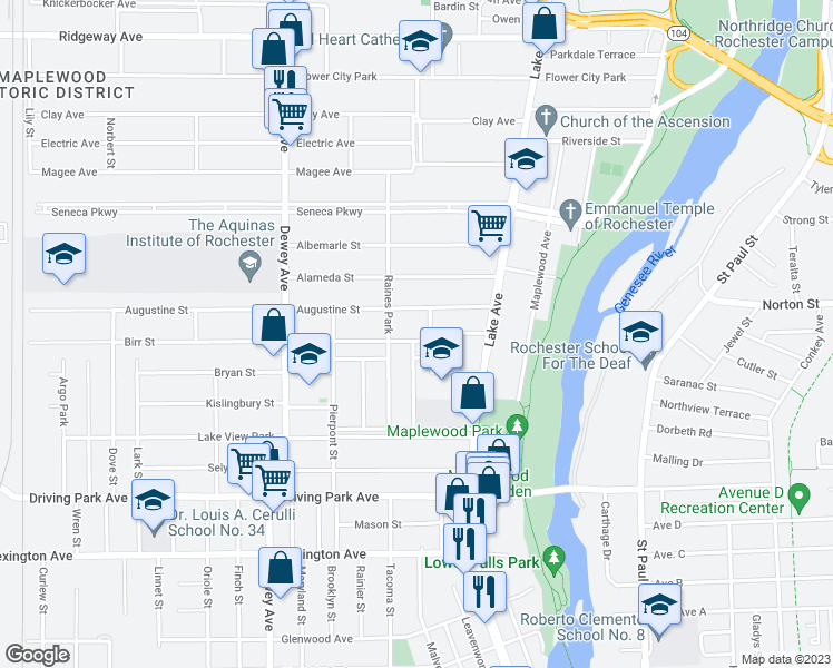map of restaurants, bars, coffee shops, grocery stores, and more near 105 Birr Street in Rochester