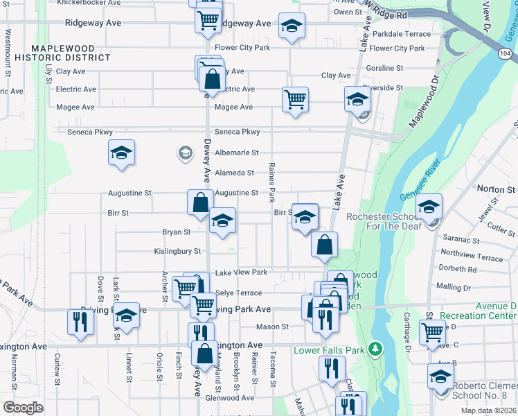 map of restaurants, bars, coffee shops, grocery stores, and more near 151 Birr Street in Rochester