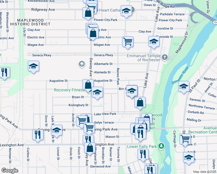 map of restaurants, bars, coffee shops, grocery stores, and more near 269 Pierpont Street in Rochester