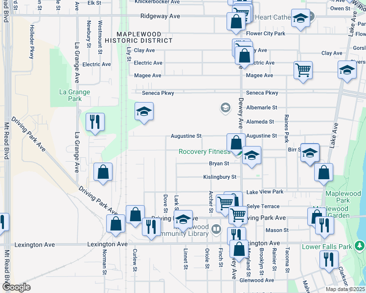 map of restaurants, bars, coffee shops, grocery stores, and more near 473 Birr Street in Rochester