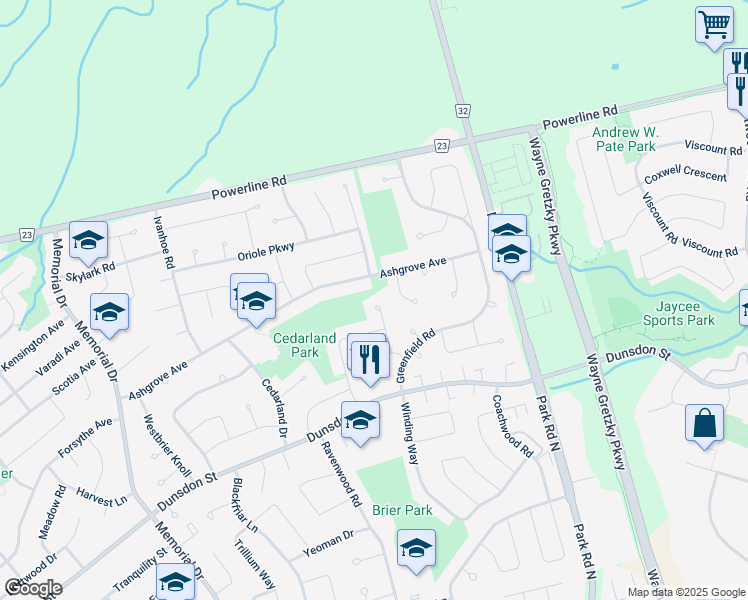 map of restaurants, bars, coffee shops, grocery stores, and more near 21 October Place in Brantford