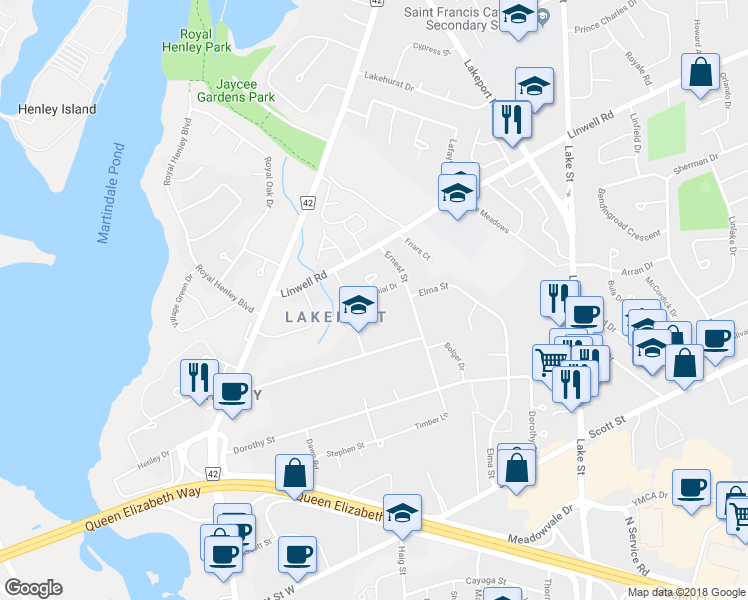 map of restaurants, bars, coffee shops, grocery stores, and more near 28 Centennial Drive in St. Catharines