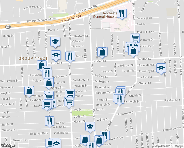 map of restaurants, bars, coffee shops, grocery stores, and more near 131 Manchester Street in Rochester