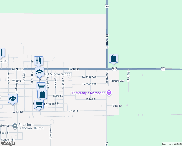map of restaurants, bars, coffee shops, grocery stores, and more near 602-700 Sunrise Avenue in Sanborn