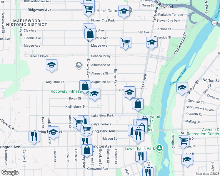 map of restaurants, bars, coffee shops, grocery stores, and more near 151 Birr Street in Rochester