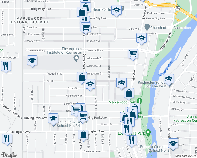 map of restaurants, bars, coffee shops, grocery stores, and more near 198 Birr Street in Rochester