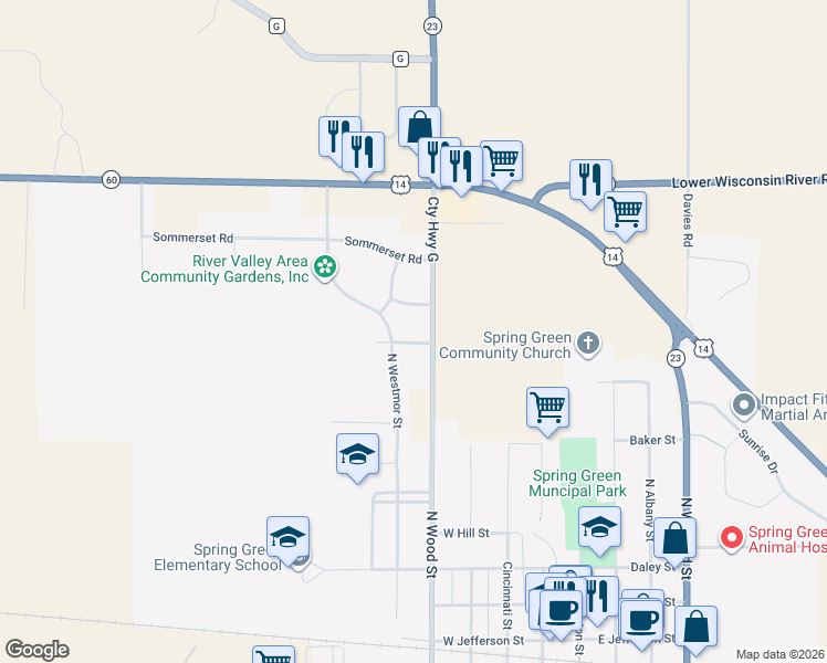 map of restaurants, bars, coffee shops, grocery stores, and more near 550 Tamarack Road in Spring Green