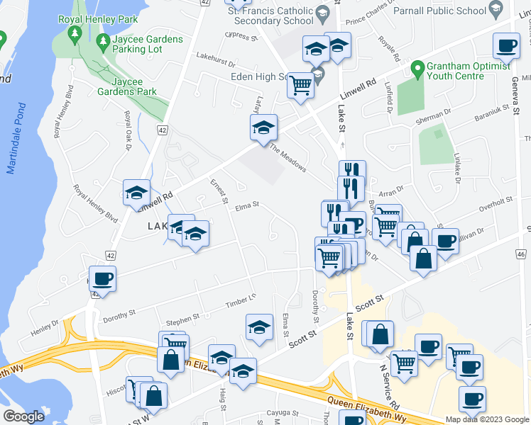 map of restaurants, bars, coffee shops, grocery stores, and more near 129 Elma Street in St. Catharines