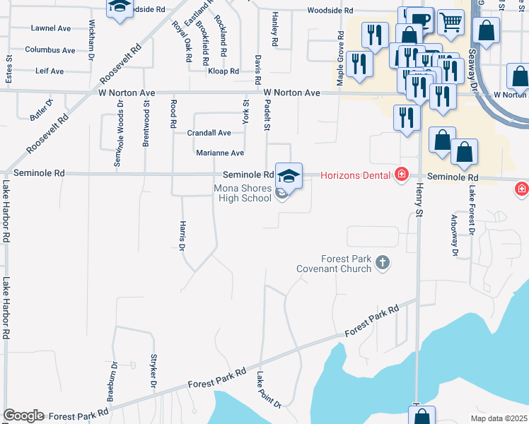 map of restaurants, bars, coffee shops, grocery stores, and more near 1121 Seminole Road in Norton Shores