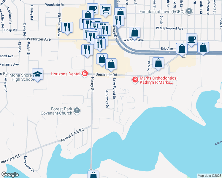 map of restaurants, bars, coffee shops, grocery stores, and more near 690 Oakway Drive in Norton Shores