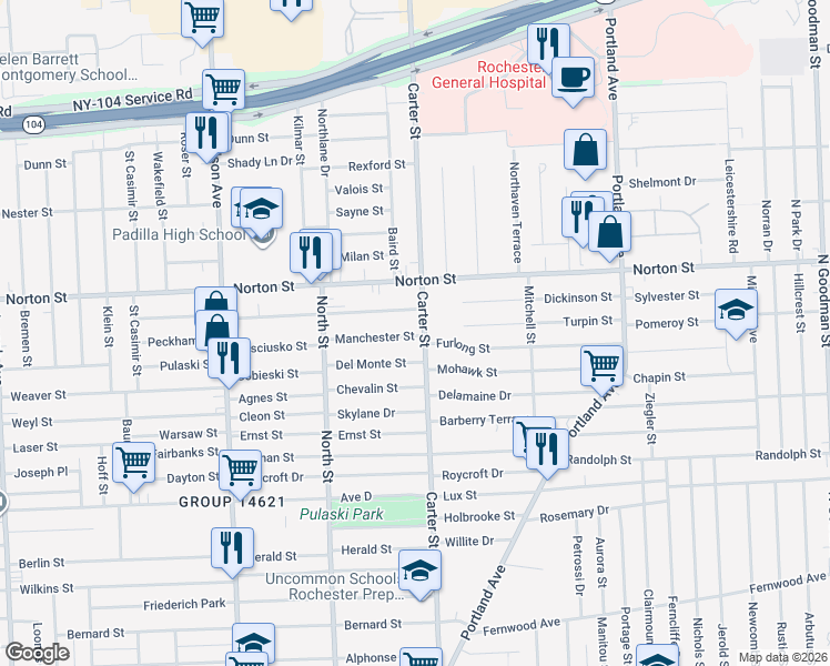 map of restaurants, bars, coffee shops, grocery stores, and more near 453 Carter Street in Rochester