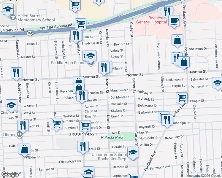 map of restaurants, bars, coffee shops, grocery stores, and more near 16 Del Monte Street in Rochester