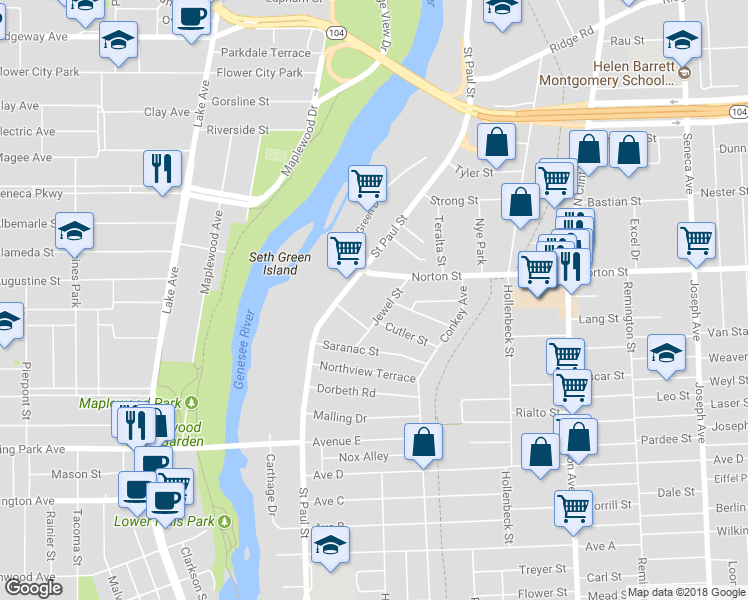 map of restaurants, bars, coffee shops, grocery stores, and more near 50 Jewel Street in Rochester