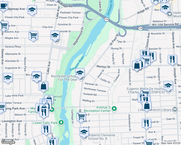 map of restaurants, bars, coffee shops, grocery stores, and more near 15 Beach Street in Rochester