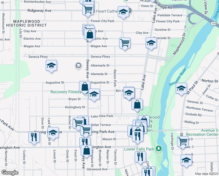 map of restaurants, bars, coffee shops, grocery stores, and more near 151 Birr Street in Rochester