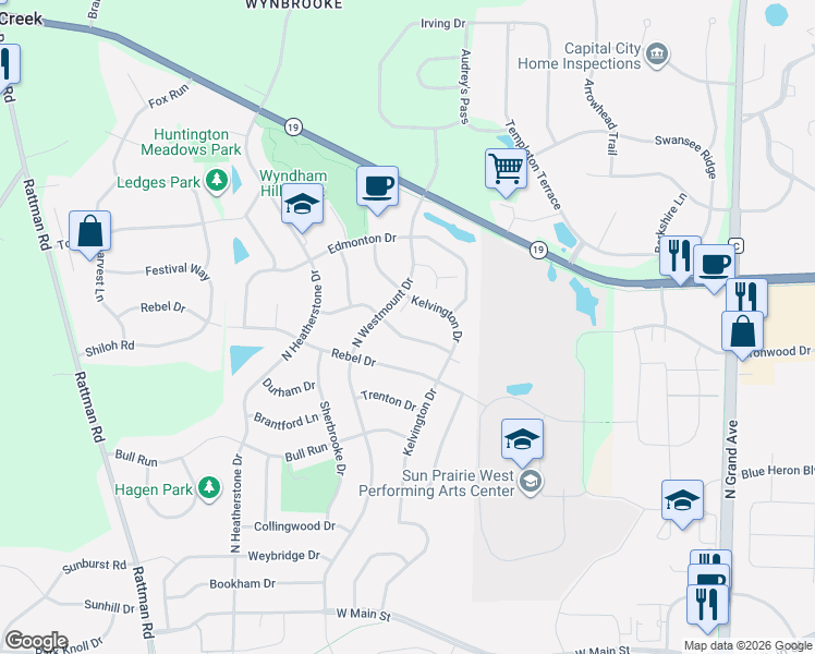 map of restaurants, bars, coffee shops, grocery stores, and more near 3035 Selkirk Drive in Sun Prairie