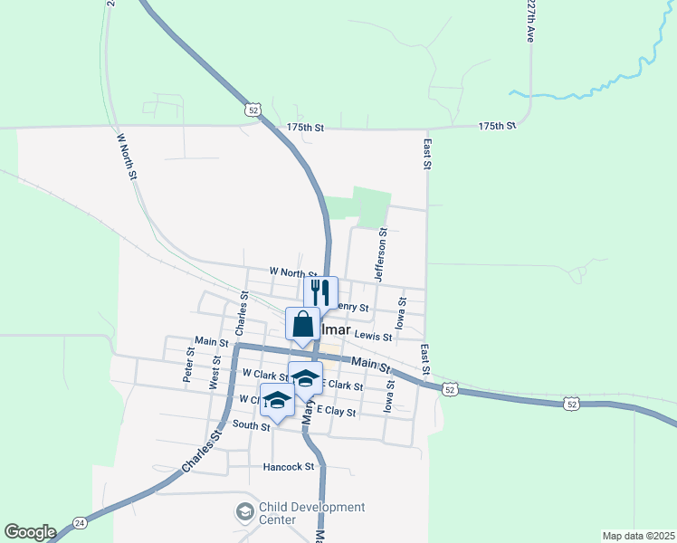 map of restaurants, bars, coffee shops, grocery stores, and more near Melden Street in Calmar