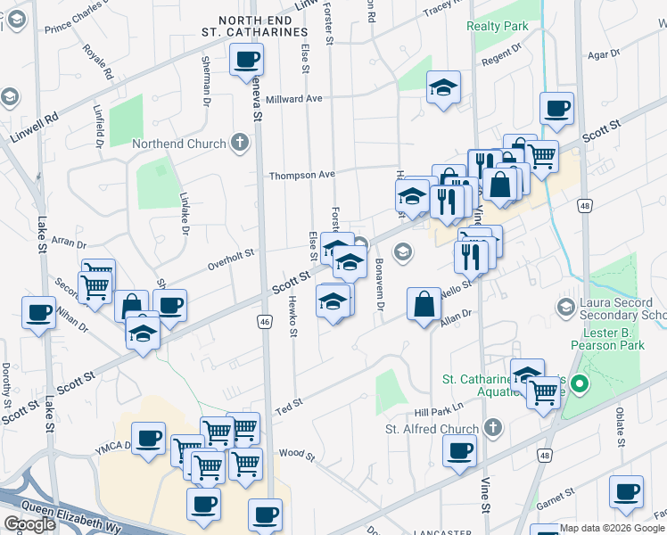map of restaurants, bars, coffee shops, grocery stores, and more near 274 Scott Street in St. Catharines