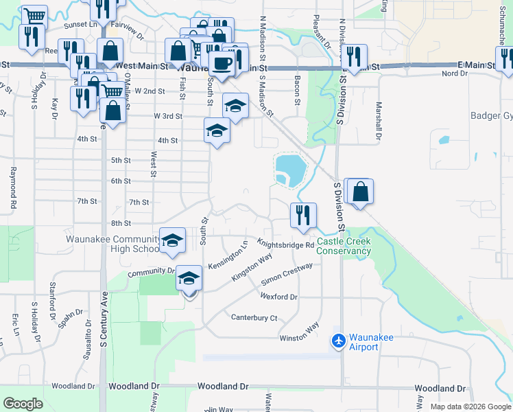 map of restaurants, bars, coffee shops, grocery stores, and more near 287 Kearney Way in Waunakee