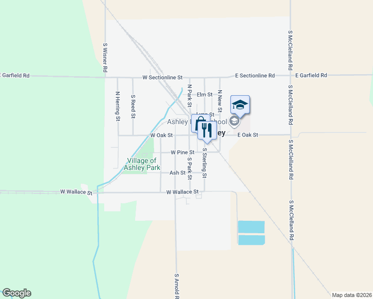 map of restaurants, bars, coffee shops, grocery stores, and more near 204 South Park Street in Ashley