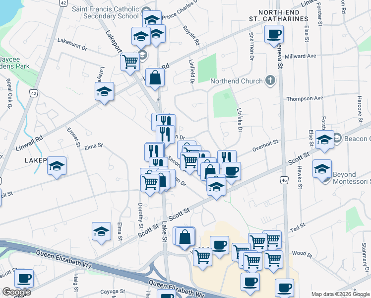 map of restaurants, bars, coffee shops, grocery stores, and more near 1 Bardadyn Court in St. Catharines