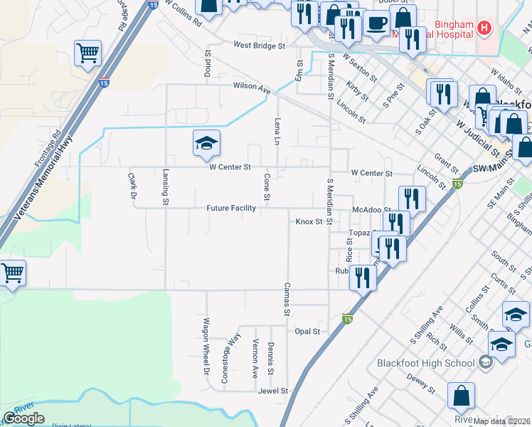 map of restaurants, bars, coffee shops, grocery stores, and more near 744 McAdoo Street in Blackfoot