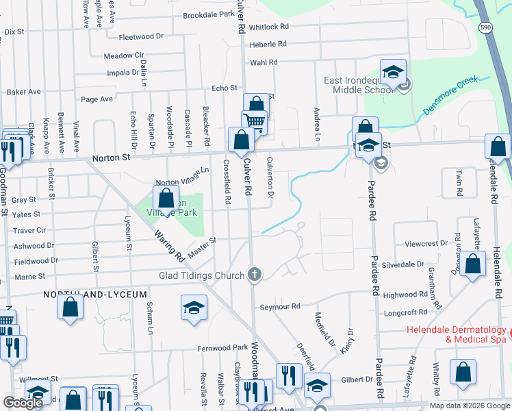 map of restaurants, bars, coffee shops, grocery stores, and more near 2130 Culver Road in Rochester