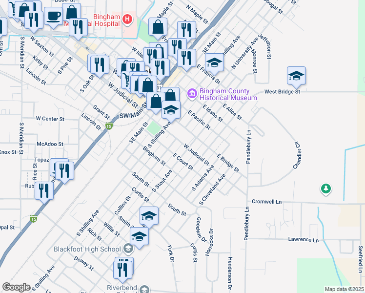 map of restaurants, bars, coffee shops, grocery stores, and more near 189 South Stout Avenue in Blackfoot