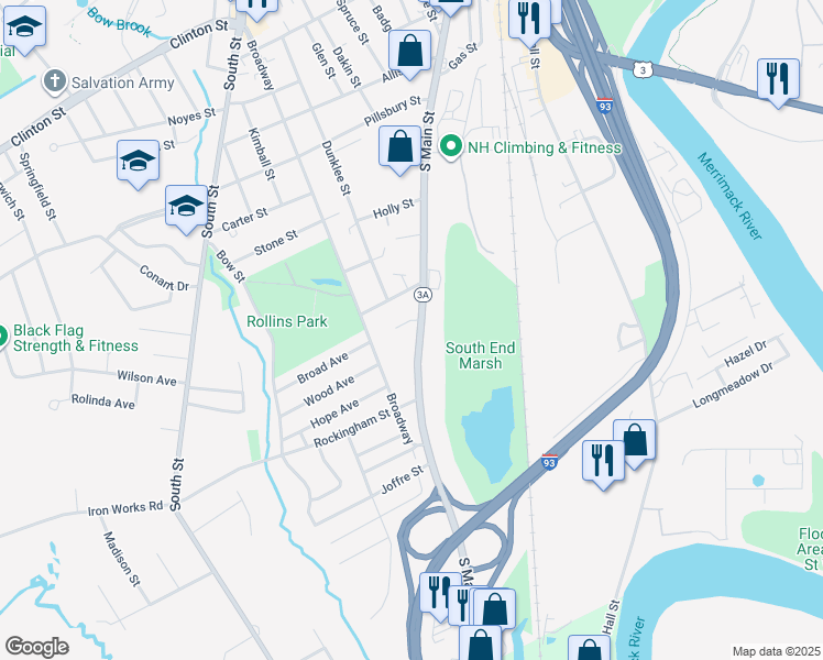 map of restaurants, bars, coffee shops, grocery stores, and more near 137 Broadway in Concord