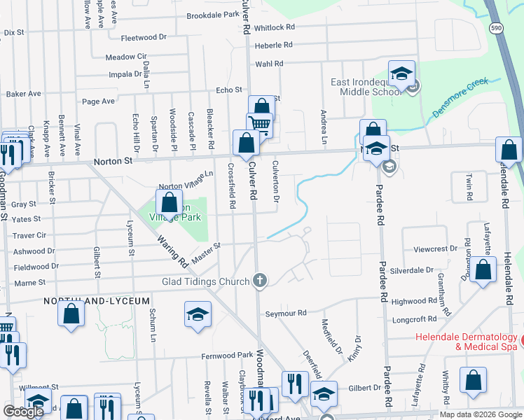 map of restaurants, bars, coffee shops, grocery stores, and more near 2130 Culver Road in Rochester
