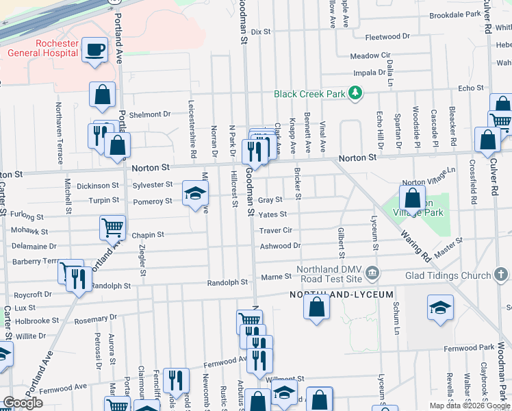 map of restaurants, bars, coffee shops, grocery stores, and more near 17 Yates Street in Rochester
