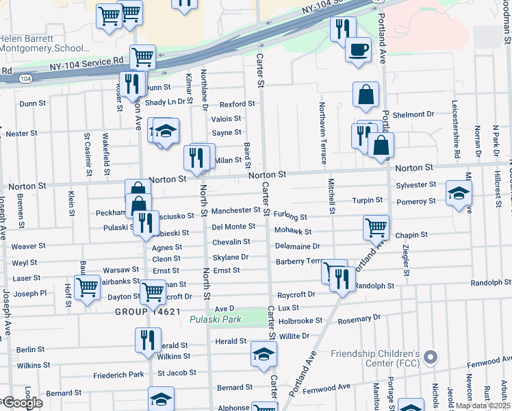 map of restaurants, bars, coffee shops, grocery stores, and more near 453 Carter Street in Rochester