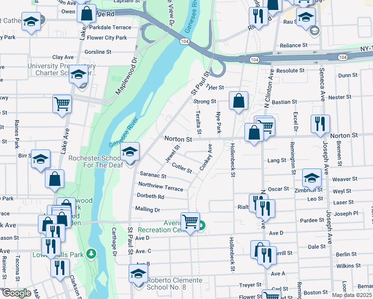 map of restaurants, bars, coffee shops, grocery stores, and more near 33 Carthage Street in Rochester