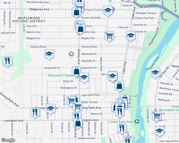 map of restaurants, bars, coffee shops, grocery stores, and more near 269 Pierpont Street in Rochester