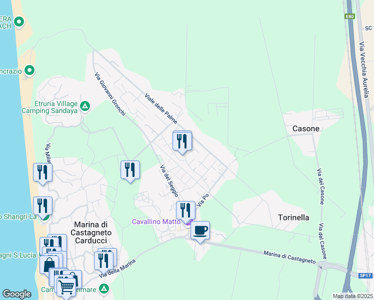 map of restaurants, bars, coffee shops, grocery stores, and more near 12 Via Ticino in Marina di Castagneto Carducci