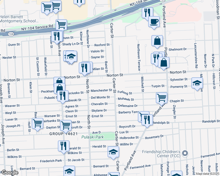 map of restaurants, bars, coffee shops, grocery stores, and more near 453 Carter Street in Rochester