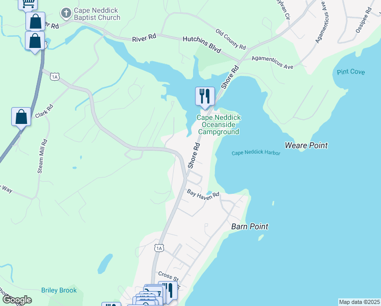 map of restaurants, bars, coffee shops, grocery stores, and more near 16 Shore Road in York