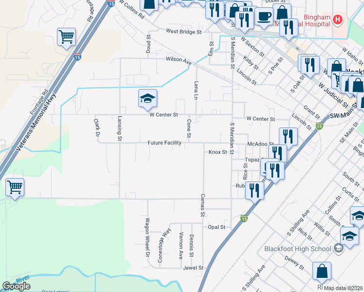 map of restaurants, bars, coffee shops, grocery stores, and more near 744 McAdoo Street in Blackfoot