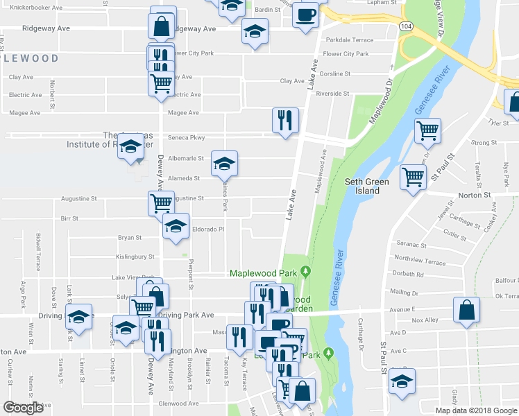 map of restaurants, bars, coffee shops, grocery stores, and more near 60 Birr Street in Rochester