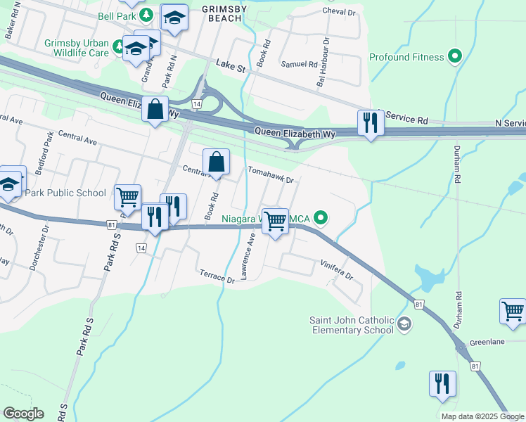 map of restaurants, bars, coffee shops, grocery stores, and more near 16 Arrowhead Lane in Grimsby