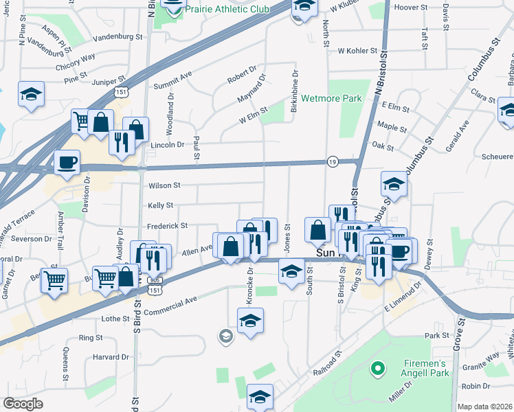 map of restaurants, bars, coffee shops, grocery stores, and more near 211 Union Street in Sun Prairie