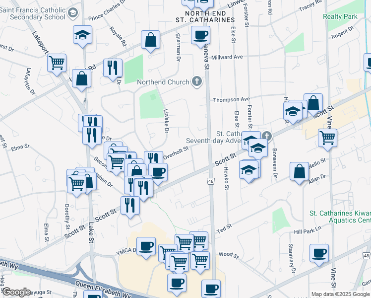 map of restaurants, bars, coffee shops, grocery stores, and more near 13 Overholt Street in St. Catharines