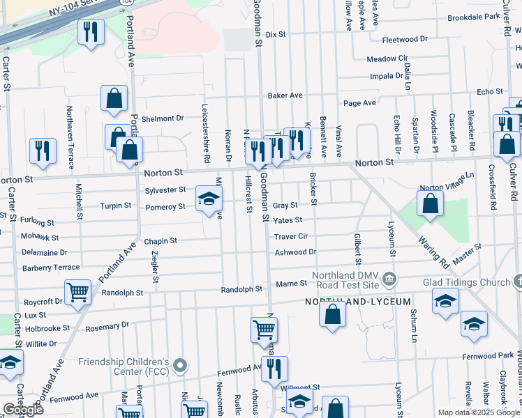 map of restaurants, bars, coffee shops, grocery stores, and more near 1661 Goodman Street North in Rochester