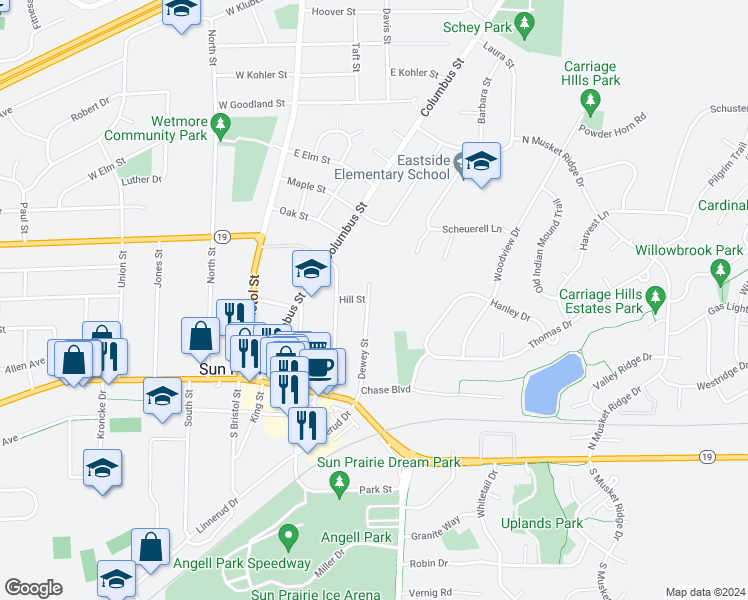 map of restaurants, bars, coffee shops, grocery stores, and more near 213 Dewey Street in Sun Prairie