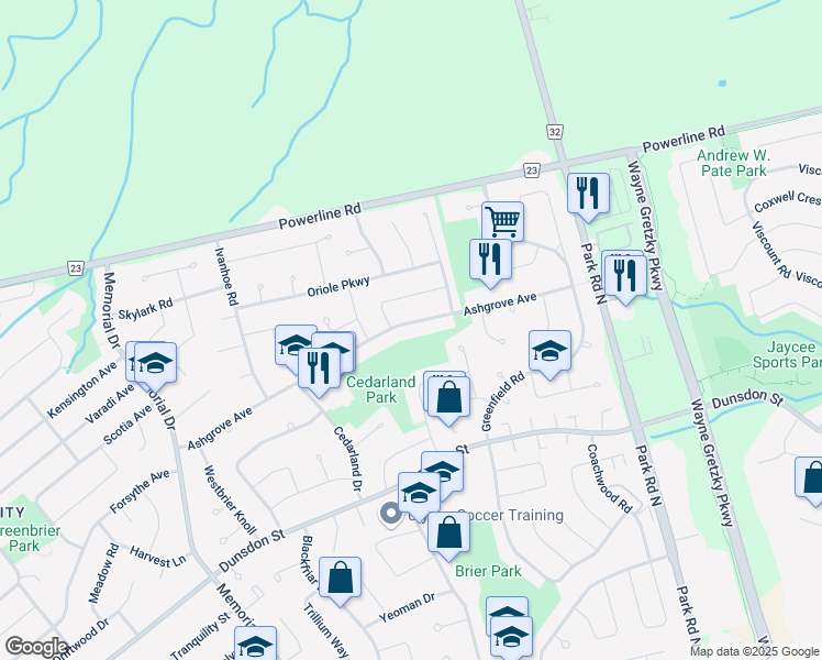 map of restaurants, bars, coffee shops, grocery stores, and more near 128 Ashgrove Avenue in Brantford