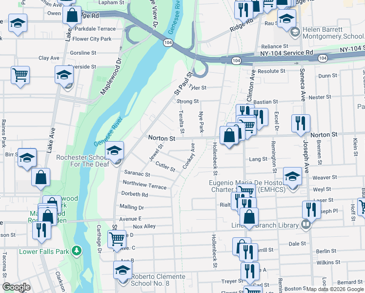 map of restaurants, bars, coffee shops, grocery stores, and more near in Rochester