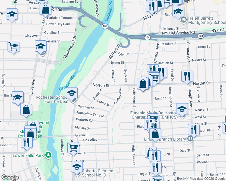 map of restaurants, bars, coffee shops, grocery stores, and more near in Rochester