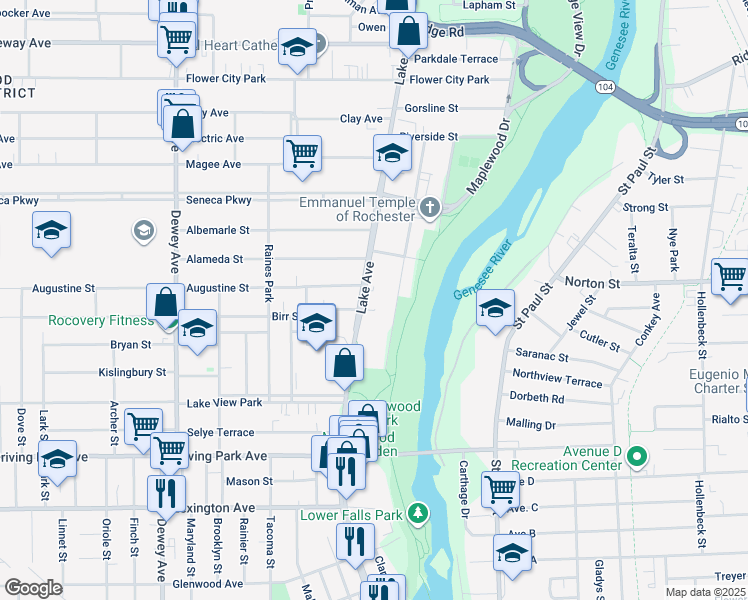 map of restaurants, bars, coffee shops, grocery stores, and more near 1115 Lake Avenue in Rochester