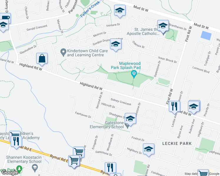 map of restaurants, bars, coffee shops, grocery stores, and more near 96 Carlson Street in Hamilton